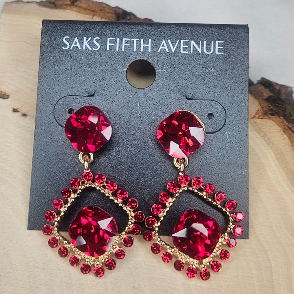 Saks Fifth Avenue Red and Gold Bollywood Rhinestone Earrings NWT